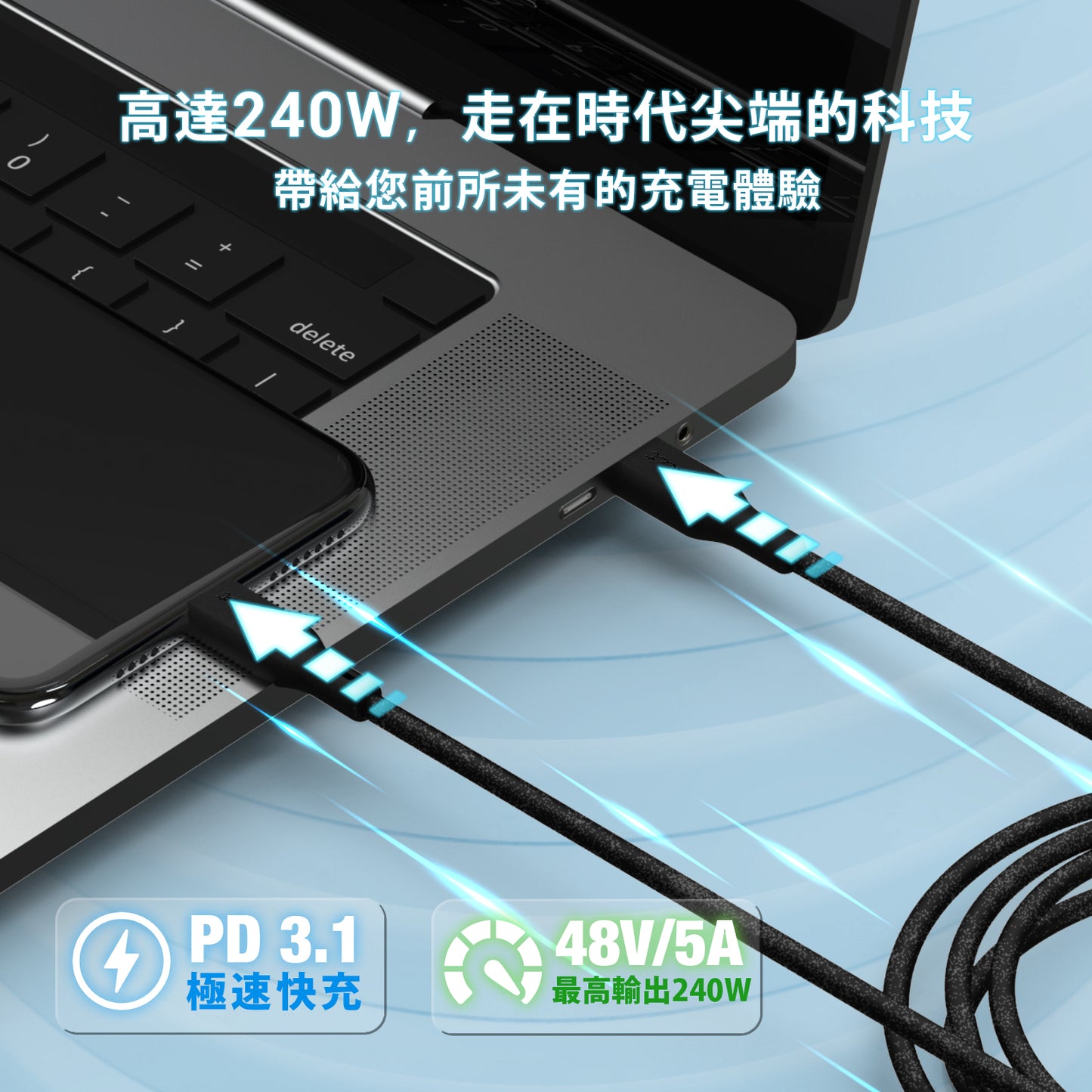 GaN好快!USB-C充電線 240W PD3.1 矽膠材質(100cm)